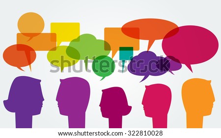 Communication. Man and woman head silhouettes with colorful speech bubbles