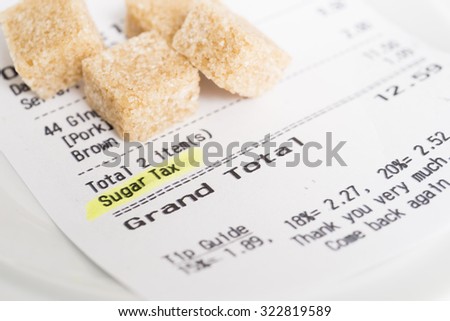 A restaurant receipt showing a sugar tax being charged Royalty-Free Stock Photo #322819589