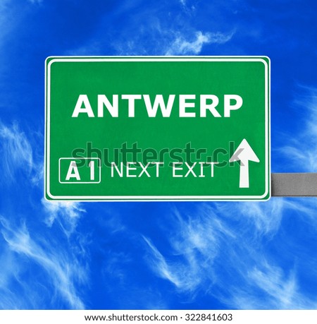 ANTWERP road sign against clear blue sky