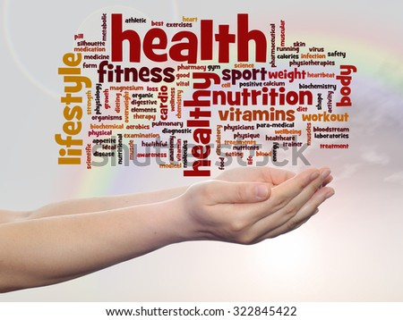 Concept or conceptual abstract word cloud man hand, rainbow sky background, metaphor to health, nutrition, diet, wellness, body, energy, medical, fitness, medical, gym, medicine, sport, heart, science