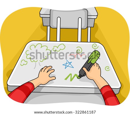 Illustration of a Kid Drawing Doodles on His Table