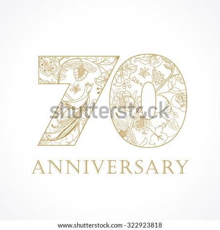 Creative logo concept of 70th anniversary in ethnic patterns and birds of paradise. Isolated abstract graphic design template. Top 70 sign. 70% percent off shopping sale.