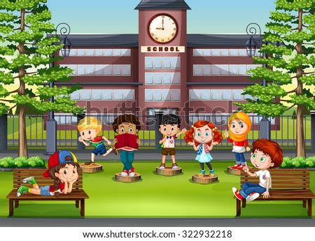 Children at the park in front of school illustration