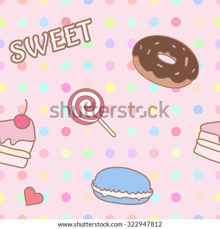 cute and sweet pastel bakery and confectionary cake, donut, candy and macaron seamless background
