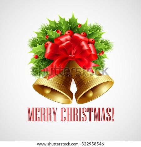 Christmas decoration  with evergreen trees, holly and bells. Vector illustration EPS 10