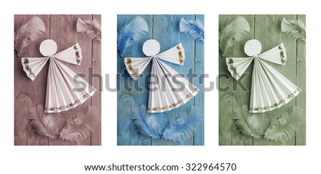 Handmade Christmas decorations,paper angel on wooden background. Triptych