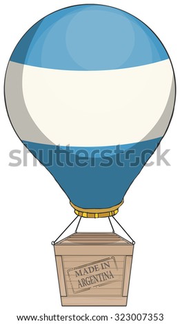 Hot air balloon delivery, with a box and sign made in Argentina, with flag colors, vector illustration