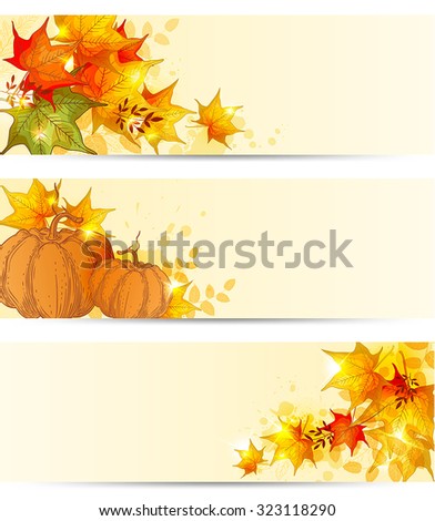 Autumn horizontal backgrounds with maple leaves and pumpkins