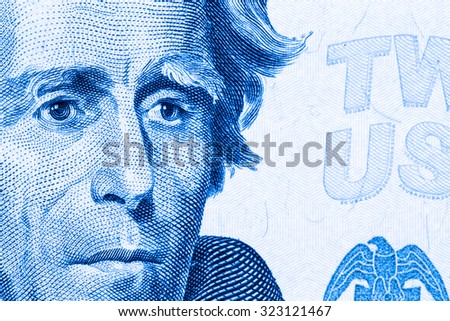 Close up to Andrew Jackson portrait on twenty dollar bill. Toned.