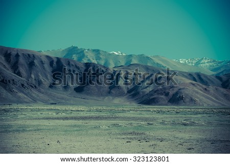 Pamir mountains view in spring season. Tajikistan. Selective focus. Toned.