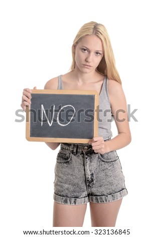 Young woman with slate, no