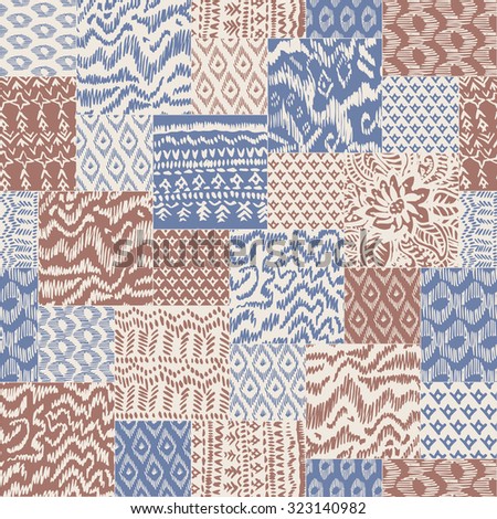 Vector abstract seamless pattern from grey blue, red terracotta and light beige hand drawn ornaments, wavy stripes and fantasy leaves with flower. Textile patchwork vintage print  Royalty-Free Stock Photo #323140982