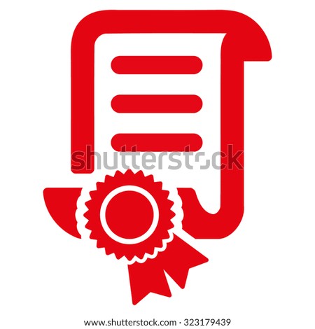 Certified Scroll Document vector icon. Style is flat symbol, red color, rounded angles, white background.