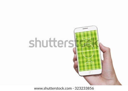 Man hand holding mobile smart phone with football stadium on the white background