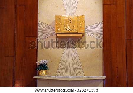 precious ancient Golden Tabernacle with Christian symbols in the Catholic Church
