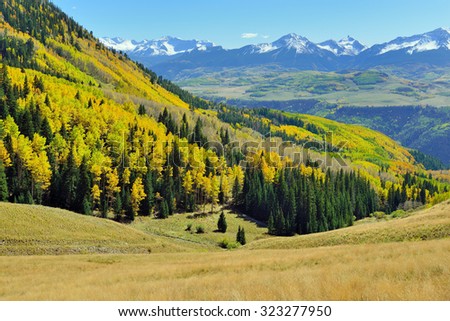 mountains with colorful yellow, green and red aspen during foliage season on Last Dollar road in Colorado