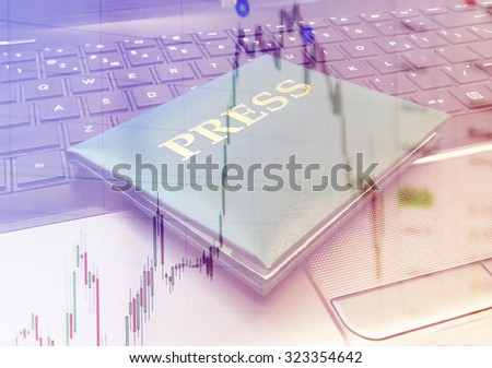 Double exposure : Financial graphs and  Press certificate on keyboard . Finance concept. Abstract background