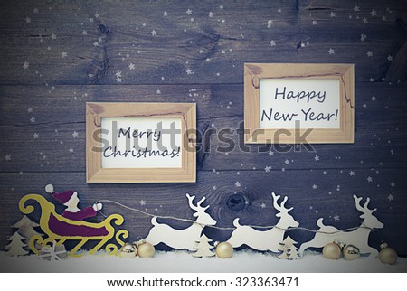 Vintage Gray Christmas Card With Red Santa Claus With Yellow Sled And White Reindeer On Snow, Snowflakes. Wooden Background With Two Picture Frame, Golden Balls. Merry Christmas And Happy New Year