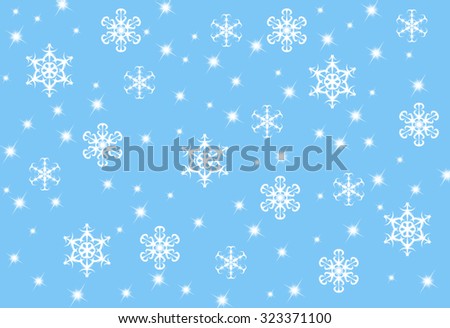Picture of white snowflakes and lights on blue background. Digital wintertime festive horizon background.