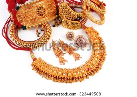 All Mix Indian Traditional Gold Jewellery Isolated On White Royalty-Free Stock Photo #323449508