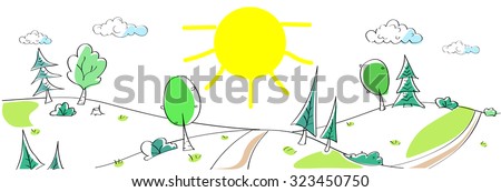 Summer Landscape Mountain Forest Road Sun Green Grass Tree Woods Sketch Simple Line Child Hand Drawing Vector Illustration