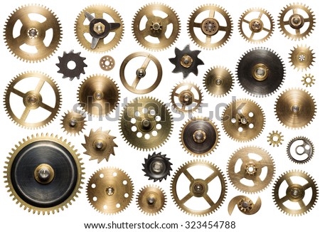 Clockwork spare parts. Metal gear, cogwheels and other details. Royalty-Free Stock Photo #323454788