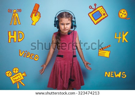 teen girl with headphones on the background of a lack of understanding emotions infographics TV channels icon sketch in the background