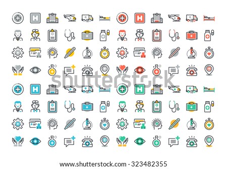 Flat line colorful icons set of healthcare and medicine, medical services and support, health care facility, emergency medical services, transport of patients, diagnosis, treatment and laboratory.