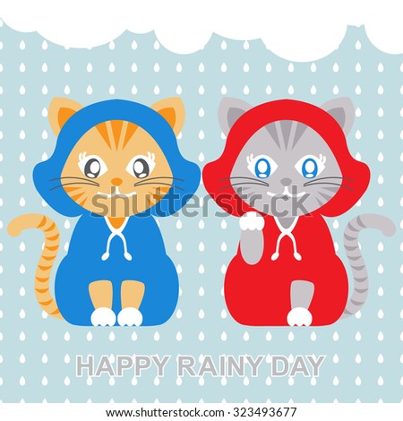 Vector illustration of cats wearing raincoat in rainy day