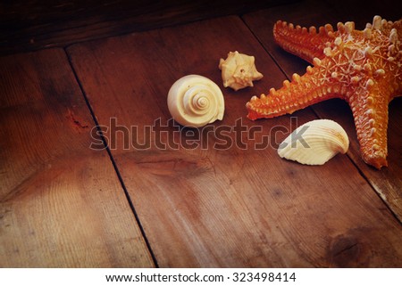 photo of sea shells and starfish on wooden old table. retro filtered image. marine background