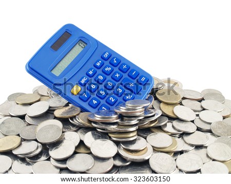 blue plastic calculator with zero number on screen on pile of thai baht coins isolated on white background, business banking or financial investment concept, close-up with copy space