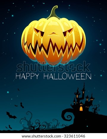 Vector Illustration of a Halloween Background with Scary Castle and Pumpkin