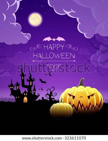 Vector Illustration of a Halloween Background with Scary Castle and Pumpkins