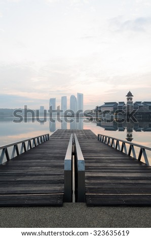 View from lake at Putrajaya, Malaysia with background covers in haze