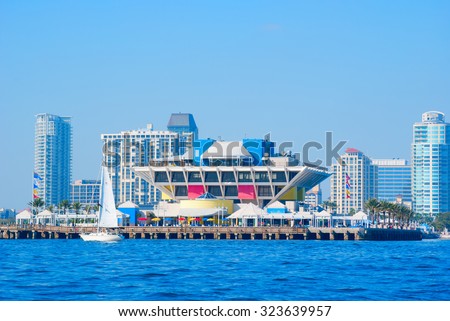 Colorful Saint Petersburg, Florida skyline with the iconic old original pyramid pier as viewed from a boat in Tampa Bay.