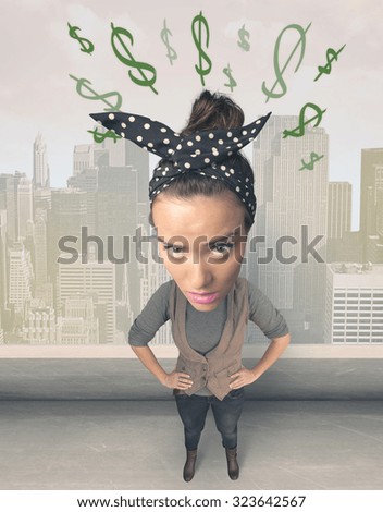 Funny girl with big head and drawn dollar marks over it