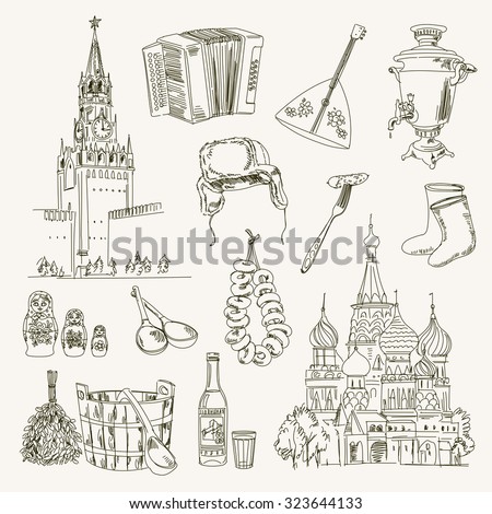Freehand drawing Russia items on a sheet of exercise book. Moscow Kremlin. Saint Basil's Cathedral. Vector illustration. Isolated on white background