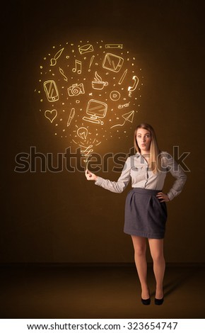 Businesswoman holding a social media shining balloon on a brown background