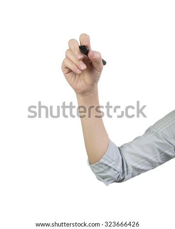 Woman hand holding pen writing front view, isolated on white.