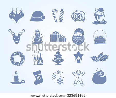 Set of silhouette vector icons on the theme of Christmas and New year. Christmas decorations, Christmas tree, sweets, Santa, snowman, wreath, snow, holiday, Christmas eve. 