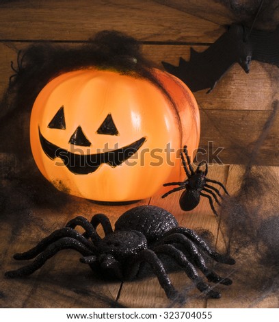 Halloween party toys with pumpkin and spiders.