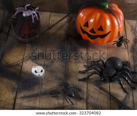 Halloween party toys with pumpkin and spiders.