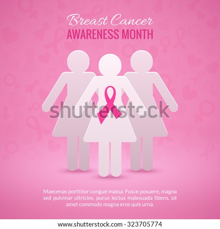 Breast Cancer October Awareness Month Campaign Background with paper girl silhouettes and pink ribbon symbol. Vector illustration