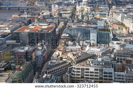 City of London aerial view, office buildings and streets. London panorama form 32 floor of Walkie-Talkie building