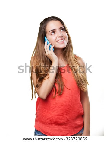 young cute woman talking on mobile on white