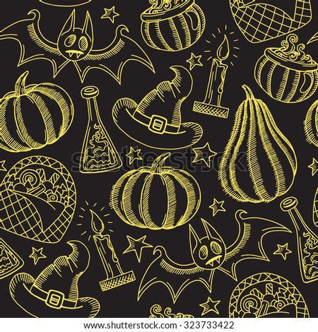 Vector graphic halloween pattern golden on black, hand drawn halloween background with pumpkins, wizard hat, candy, magic pot and candle in doodle style, EPS 10