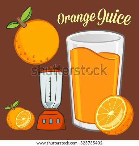 Orange juice ingredients and equipment in vector illustration