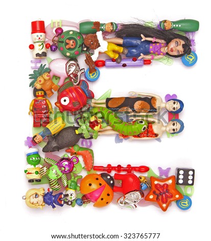 the letter  E made from small toys