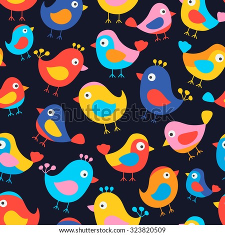 Hand drawn seamless pattern with cute birds. Fun birds for kids design. Vector. Bright colors - pink, red, blue, yellow, orange. On black background.