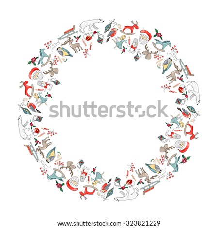 Round Christmas garland with decoration isolated on white. For Christmas design, announcements, postcards, posters.